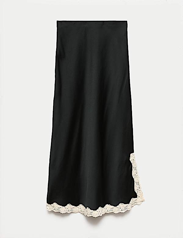 Satin Lace Trim Midi Slip Skirt - PT