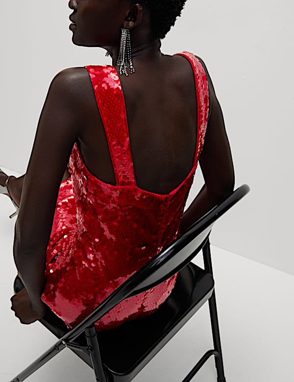 Gaun Terusan Mini Leher Persegi Payet - ID