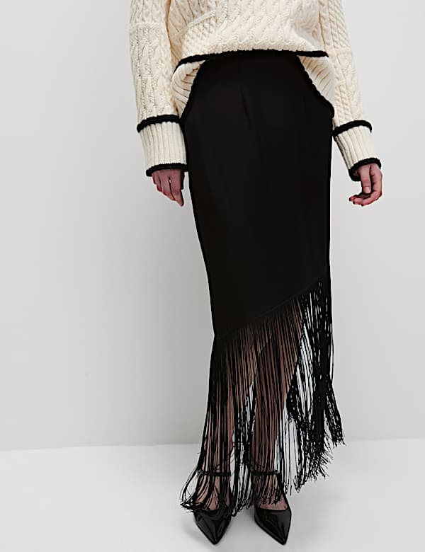 Fringe Detail Asymmetric Midaxi Slip Skirt
