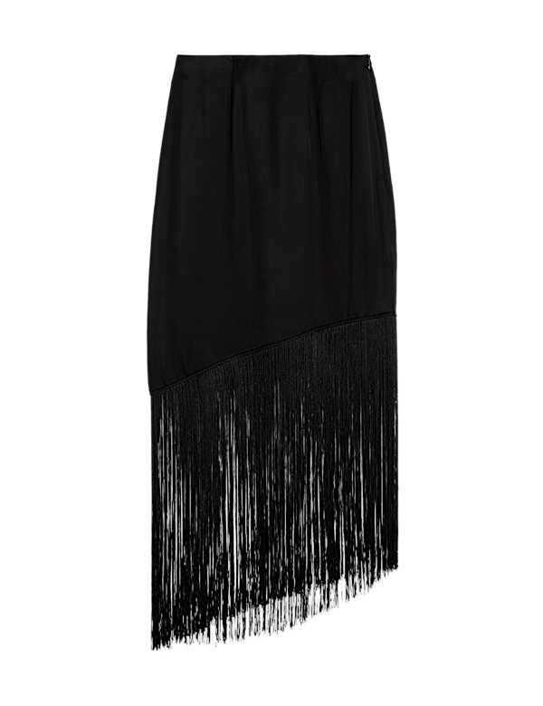 Fringe Detail Asymmetric Midaxi Slip Skirt