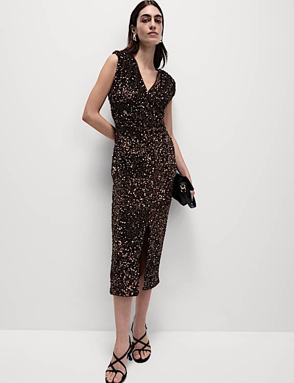 Sequin V-Neck Midi Column Dress