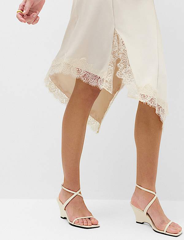 Satin Cowl Neck Lace Insert Midi Slip Dress - IL