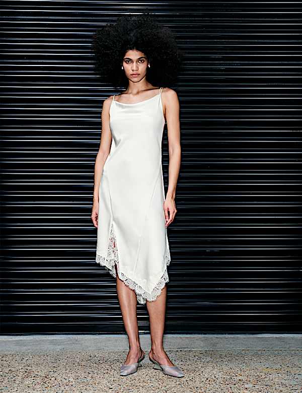 Satin Cowl Neck Lace Insert Midi Slip Dress