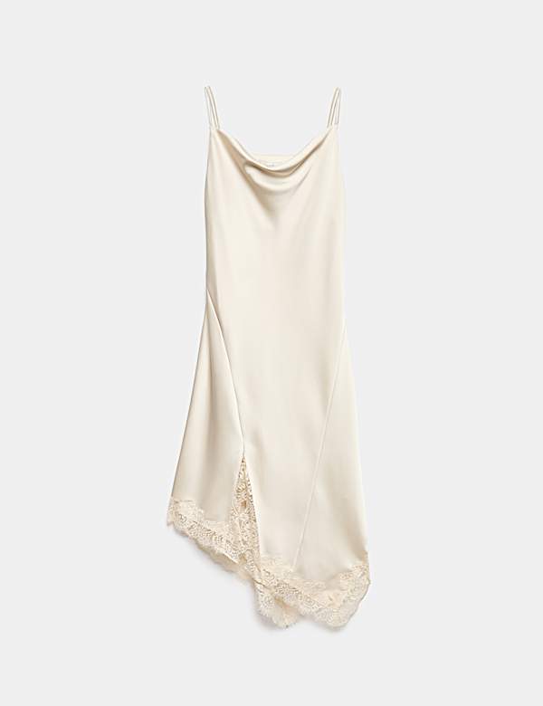 Satin Cowl Neck Lace Insert Midi Slip Dress - IL