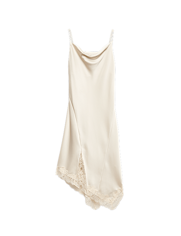 Satin Cowl Neck Lace Insert Midi Slip Dress