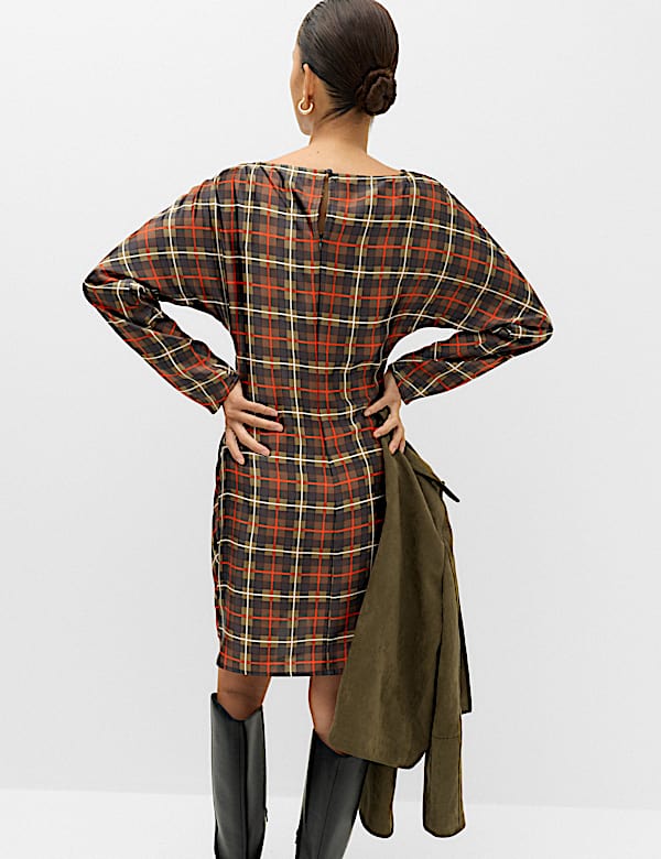 Checked Ruched Long Sleeve Mini Waisted Dress - RS
