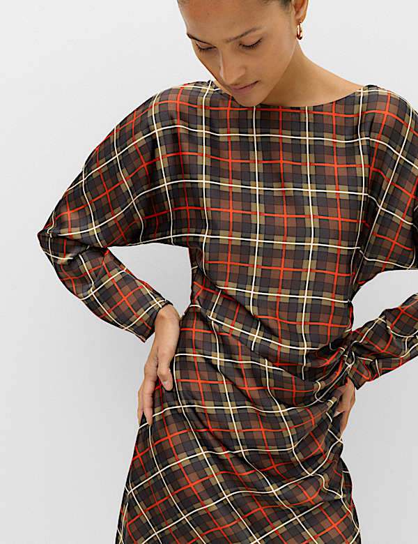 Checked Ruched Long Sleeve Mini Waisted Dress - RS