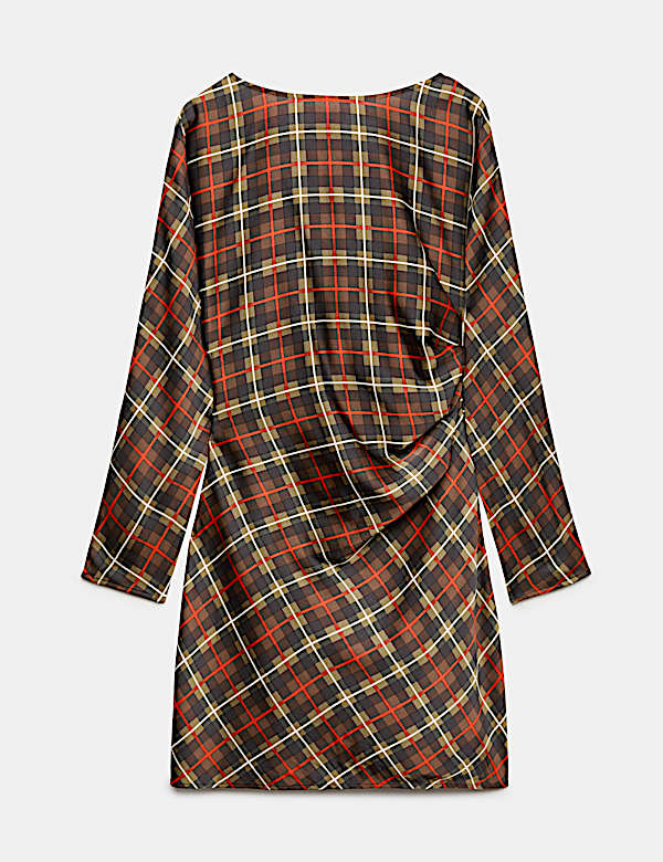 Checked Ruched Long Sleeve Mini Waisted Dress - RS