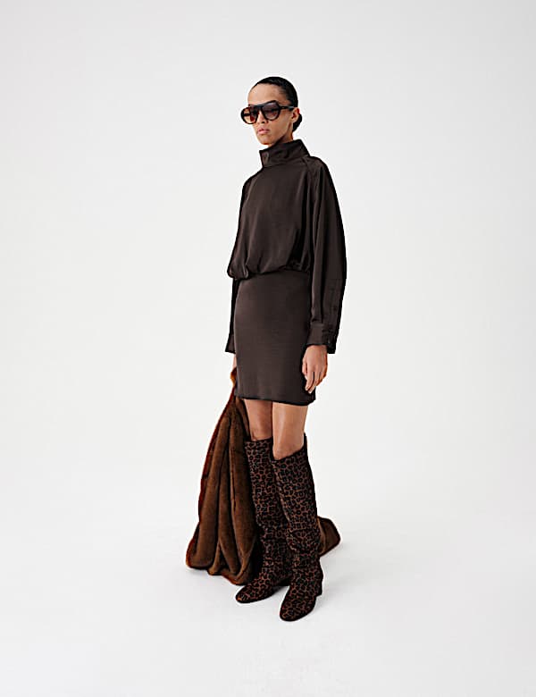 Funnel Neck Blouson Mini Waisted Dress - FR