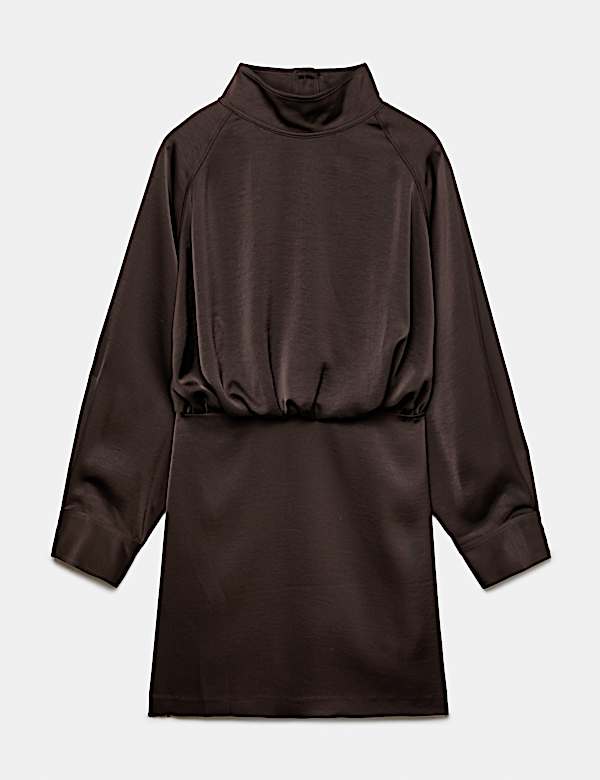 Funnel Neck Blouson Mini Waisted Dress - FR