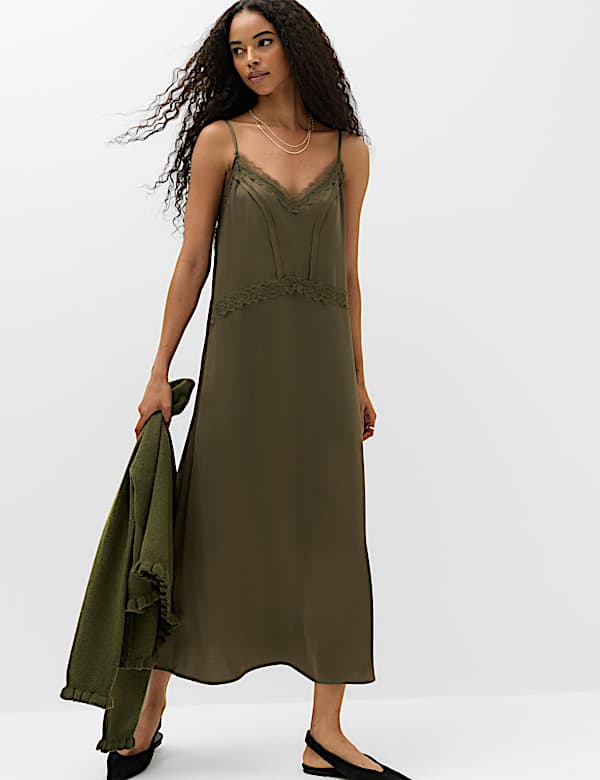 Satin Lace Insert V-Neck Midaxi Slip Dress - RS