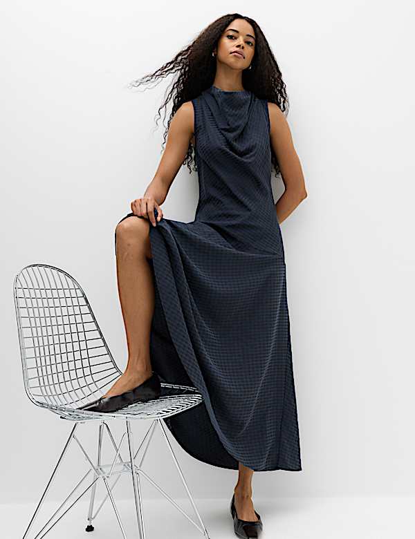 Lyocell Rich Checked Cowl Neck Midi Skater Dress - UA