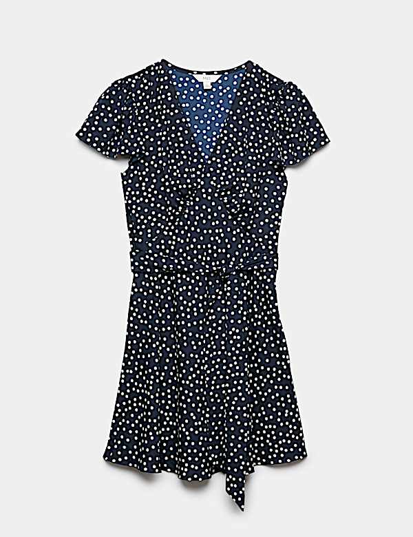 Vestido mini de topos de cuello en pico y lazo a la cintura - US