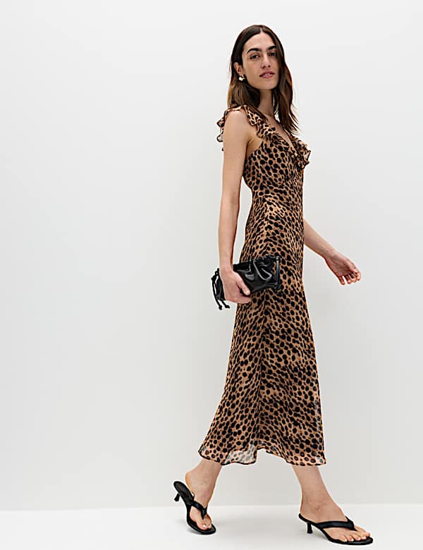 Animal Print Ruffle Detail Midaxi Column Dress - JP