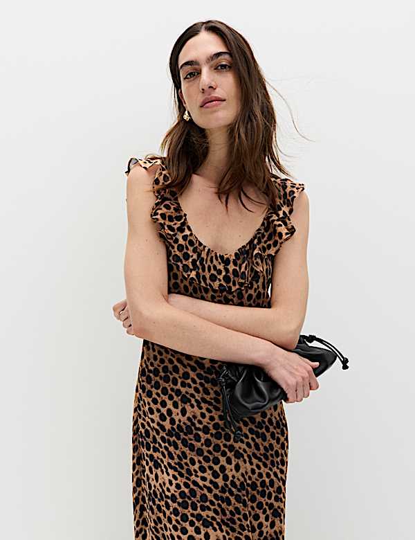 Animal Print Ruffle Detail Midaxi Column Dress - JP