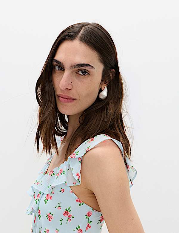 Floral Ruffle Detail Midi Column Dress - US