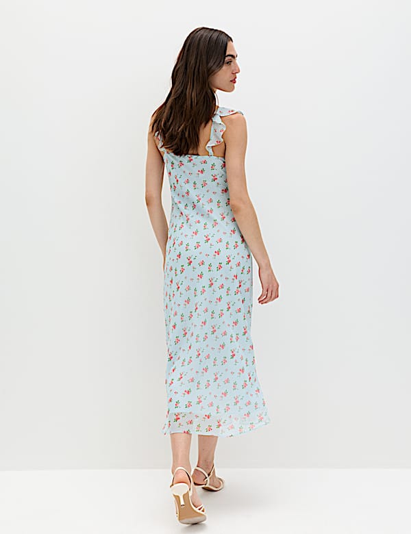 Floral Ruffle Detail Midi Column Dress - US