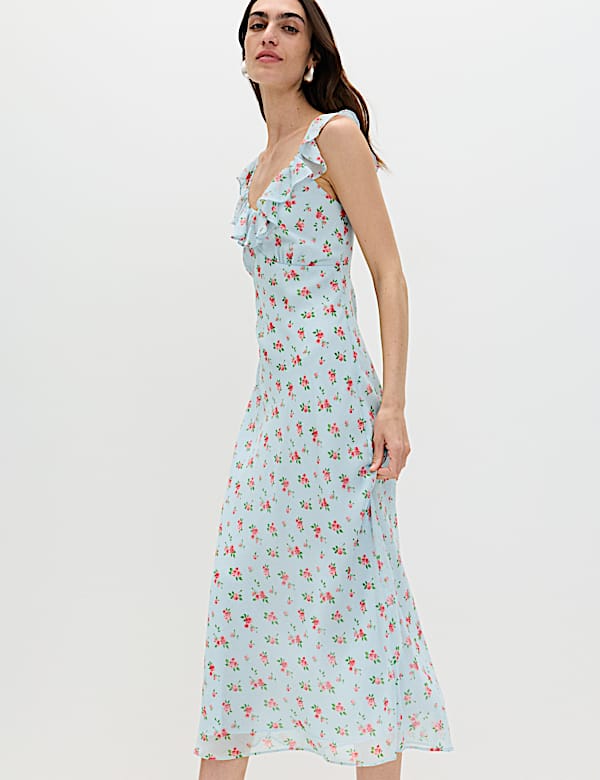 Floral Ruffle Detail Midi Column Dress - US