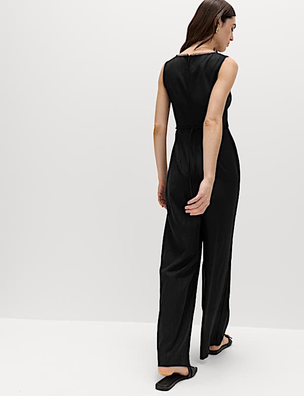 Linen Blend Tie Detail Waisted Jumpsuit - US