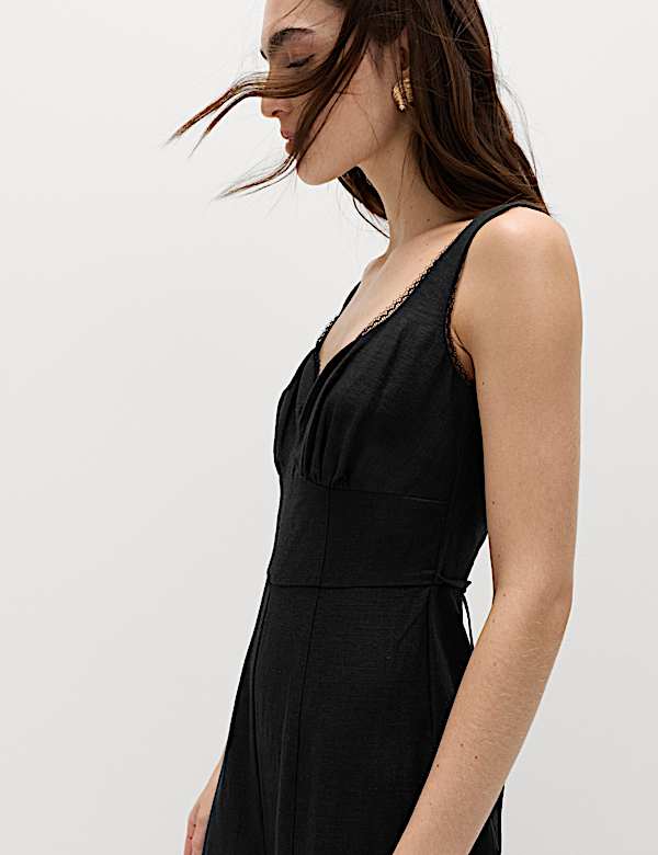 Linen Blend Tie Detail Waisted Jumpsuit - US