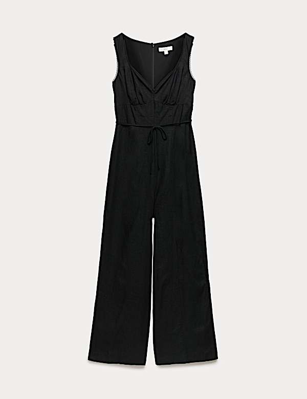 Linen Blend Tie Detail Waisted Jumpsuit - US
