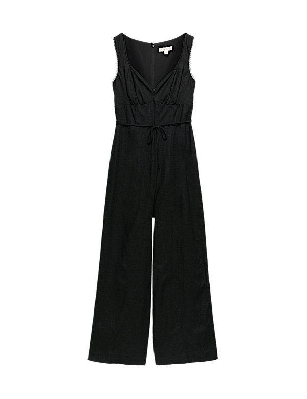 Linen Blend Tie Detail Waisted Jumpsuit