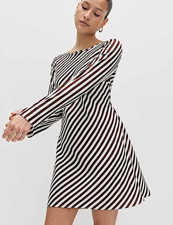 Striped Long Sleeve Mini Shift Dress - ID