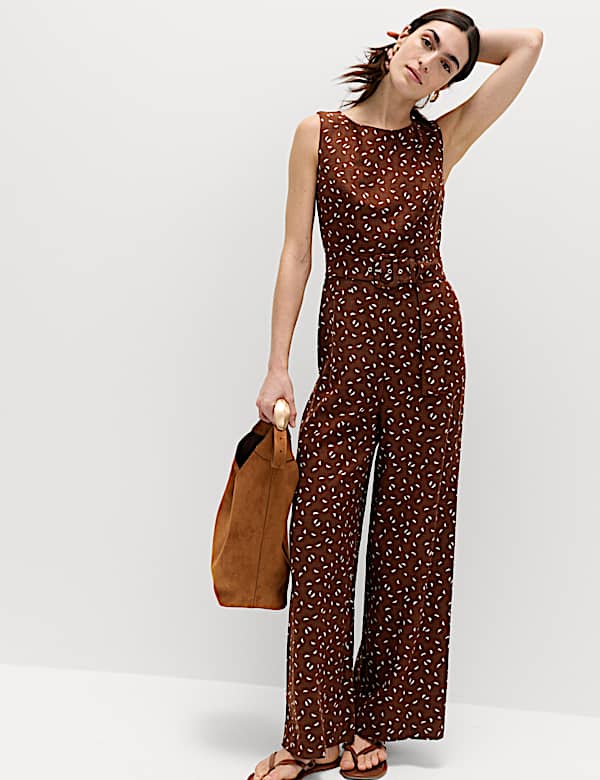 Linen Blend Printed Belted Jumpsuit