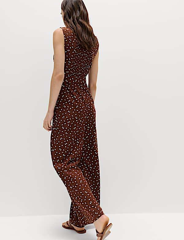 Linen Blend Printed Belted Jumpsuit - US