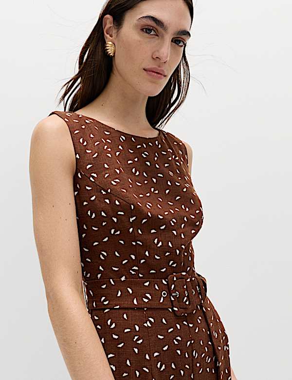 Linen Blend Printed Belted Jumpsuit - US