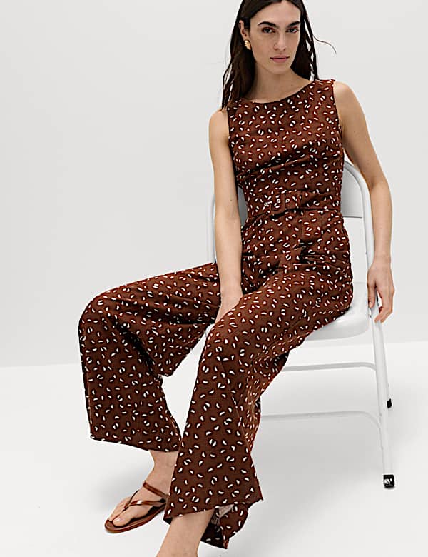Linen Blend Printed Belted Jumpsuit - US
