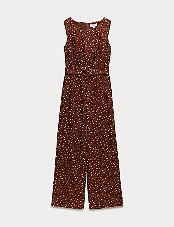 Linen Blend Printed Belted Jumpsuit - US