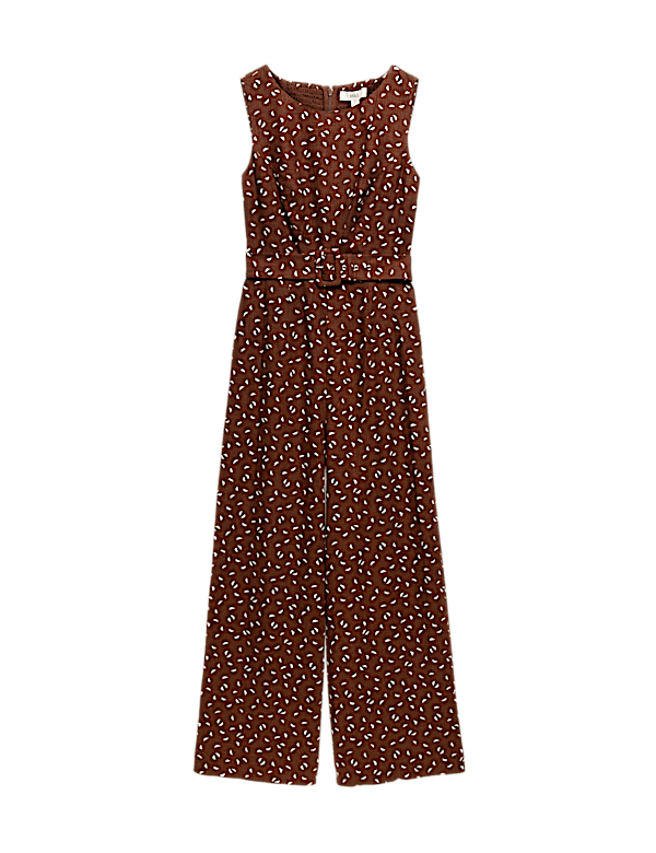 Linen Blend Printed Belted Jumpsuit
