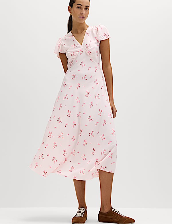 Printed V-Neck Midi Tea Dress