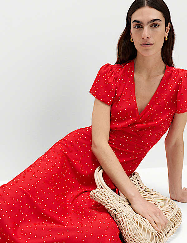 Printed V-Neck Midi Tea Dress