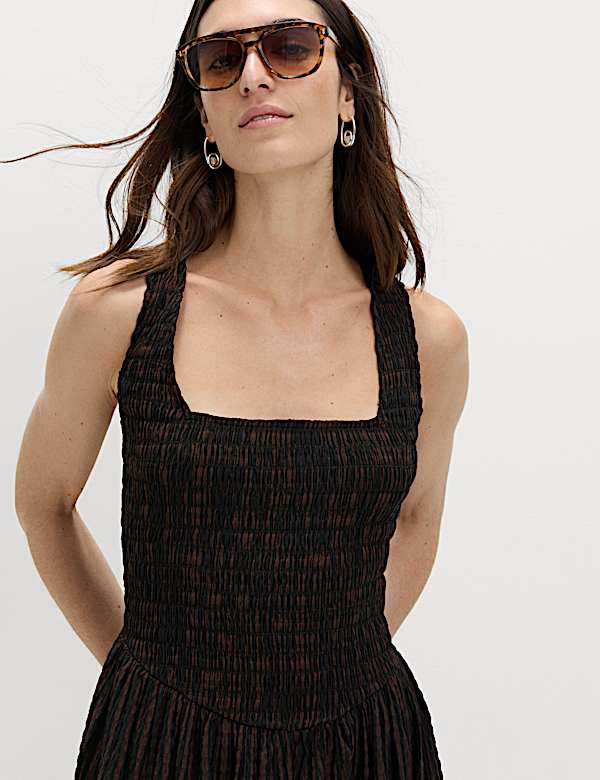 Checked Shirred Bodice Midi Skater Dress - HR