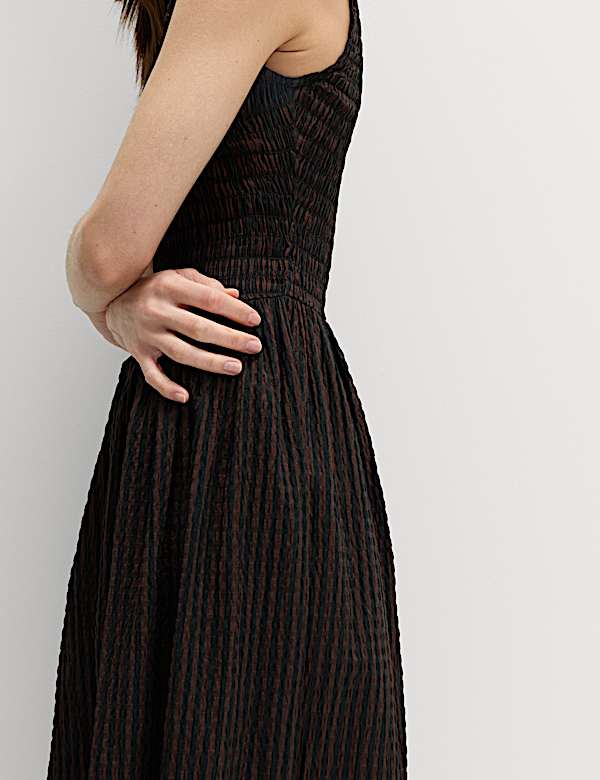 Checked Shirred Bodice Midi Skater Dress - HR