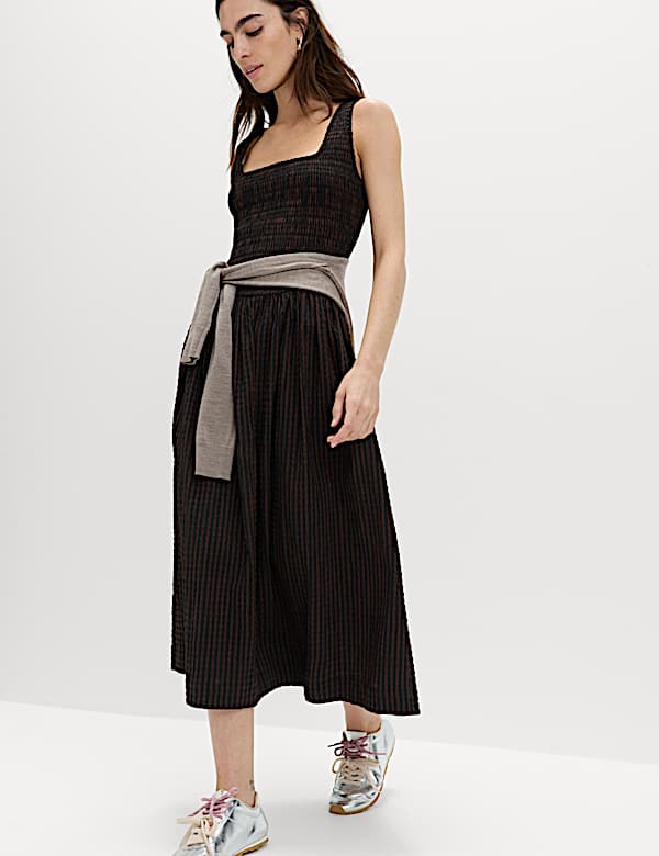 Checked Shirred Bodice Midi Skater Dress - HR