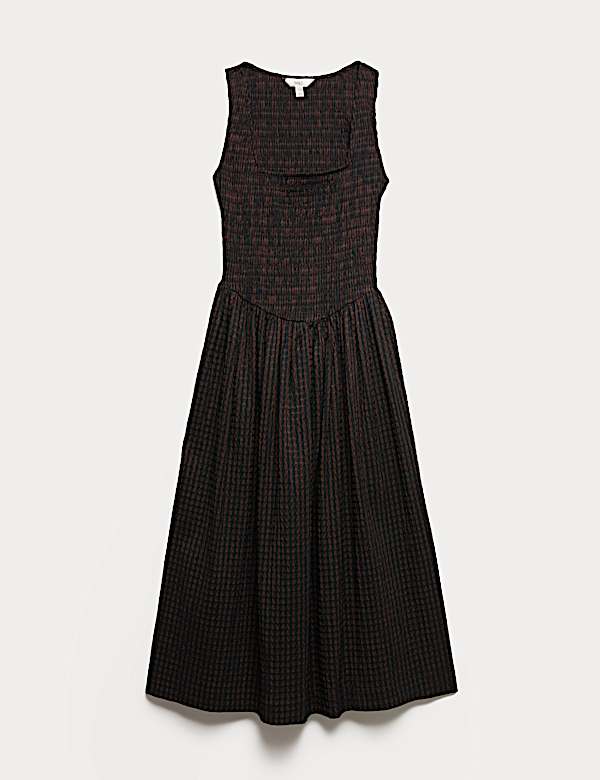 Checked Shirred Bodice Midi Skater Dress - HR