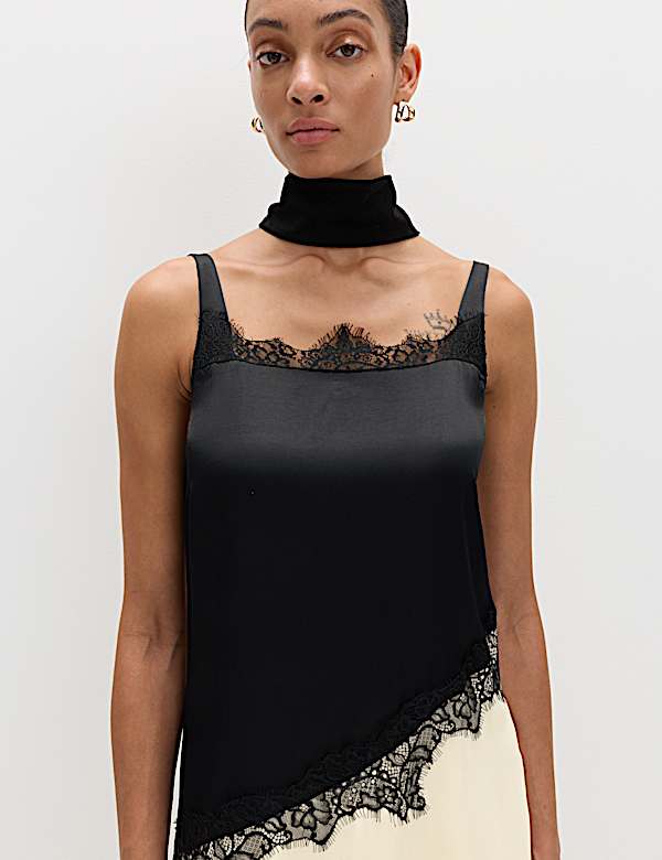 Satin Colour Block Lace Trim Midaxi Cami Slip Dress - AU