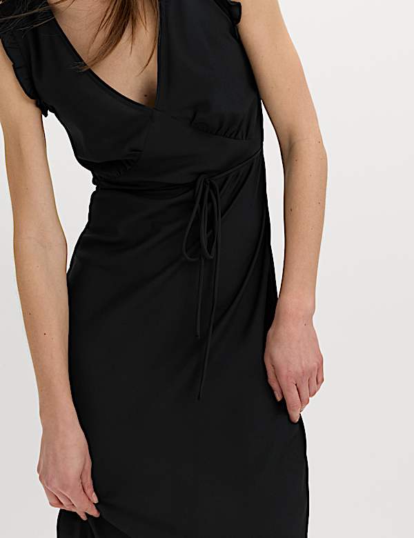 Robe midi &agrave; col en V et manches volant&eacute;es - CA