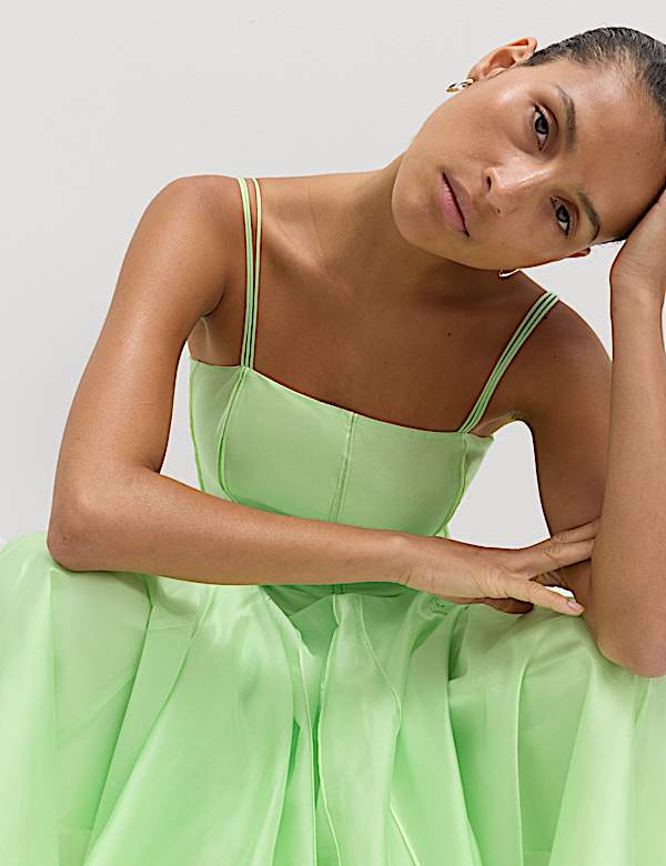 Square Neck Panel Detail Strappy Midi Skater Dress - AL