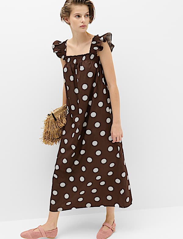 Pure Cotton Polka Dot Midi Shirred Dress