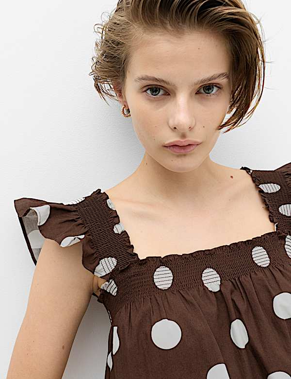 Pure Cotton Polka Dot Midi Shirred Dress