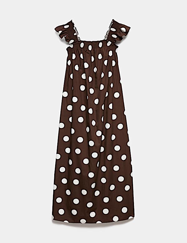Pure Cotton Polka Dot Midi Shirred Dress - EE