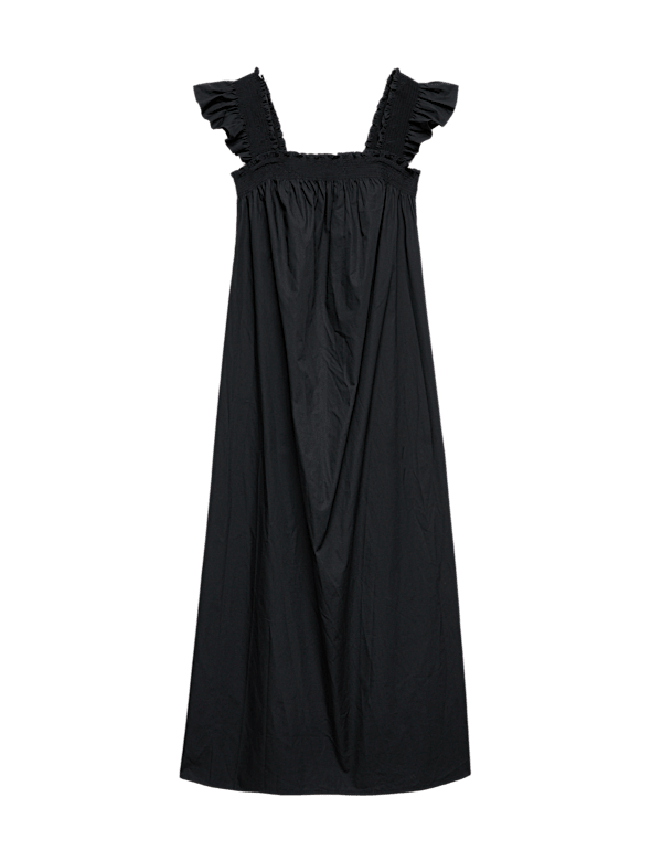Pure Cotton Shirred Midaxi Smock Dress