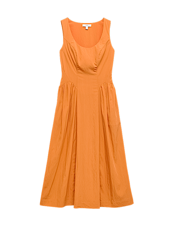 Scoop Neck Pleated Midi Drop Waist Dress