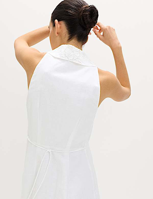 Robe-chemise midi en lin &agrave; broderie - LU