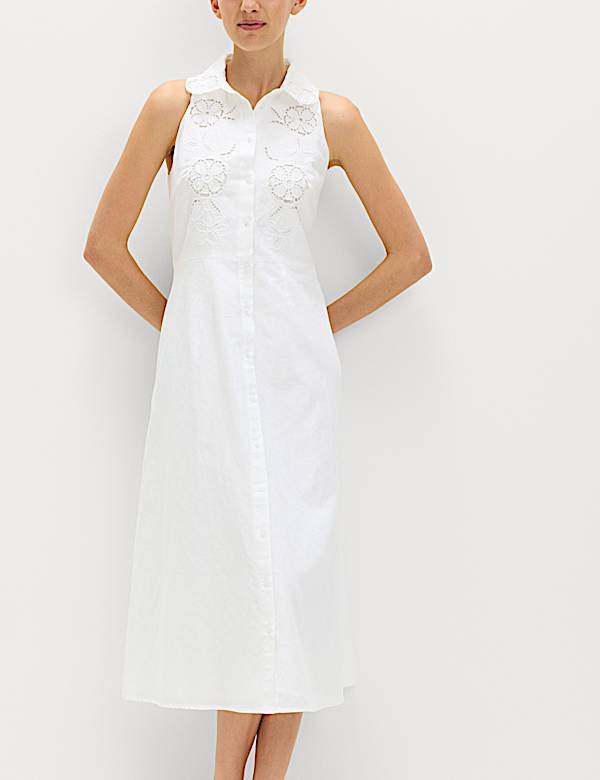 Robe-chemise midi en lin &agrave; broderie - LU