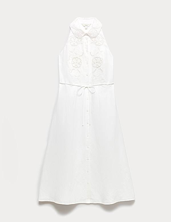 Robe-chemise midi en lin &agrave; broderie - LU